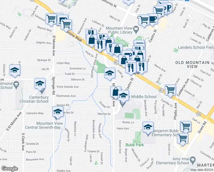 map of restaurants, bars, coffee shops, grocery stores, and more near 936 Rincon Street in Mountain View