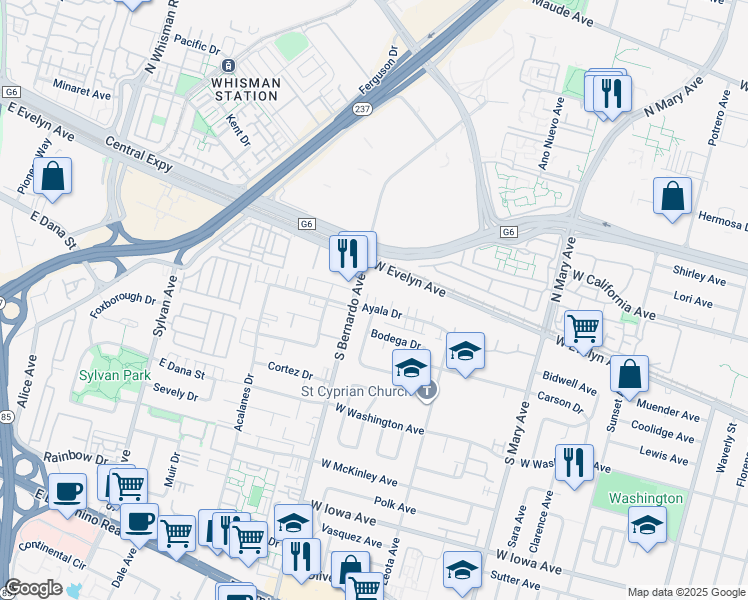 map of restaurants, bars, coffee shops, grocery stores, and more near 1191 Ayala Drive in Sunnyvale