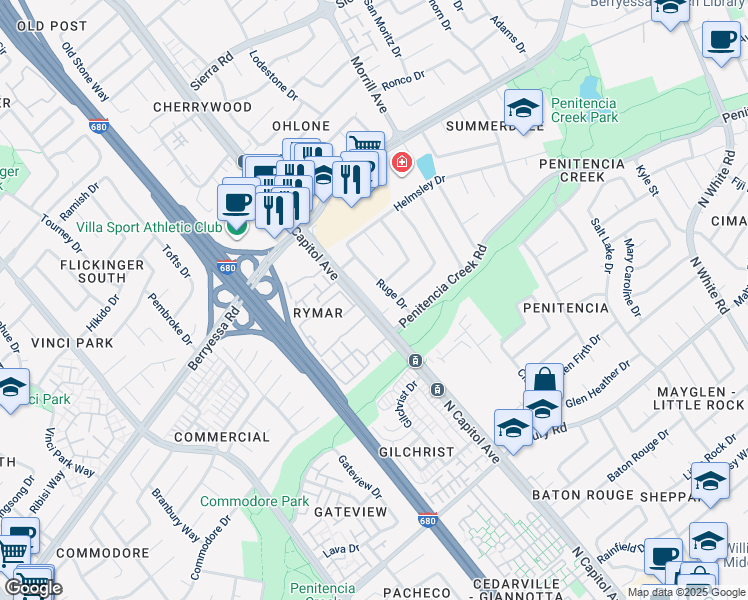 map of restaurants, bars, coffee shops, grocery stores, and more near 1027 Ruge Drive in San Jose