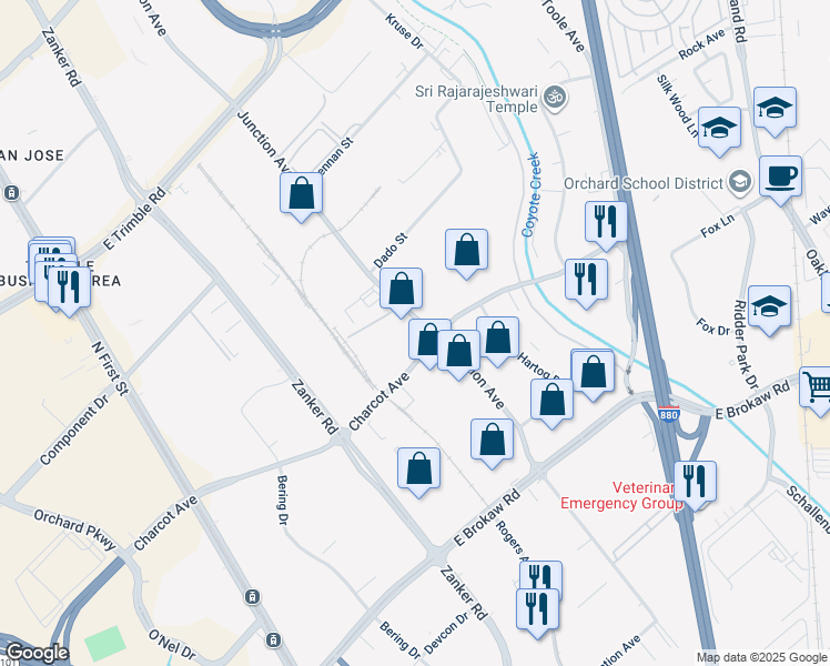 map of restaurants, bars, coffee shops, grocery stores, and more near 521 Charcot Avenue in San Jose