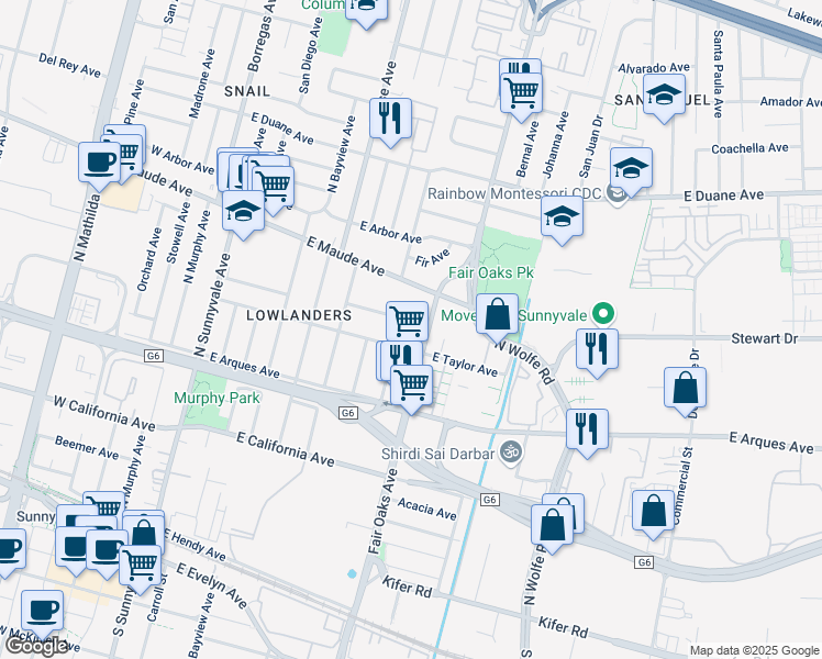 map of restaurants, bars, coffee shops, grocery stores, and more near 554 Columbia Avenue in Sunnyvale