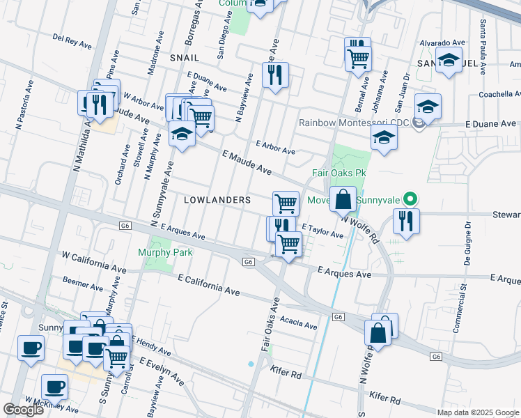 map of restaurants, bars, coffee shops, grocery stores, and more near 418 Roosevelt Avenue in Sunnyvale