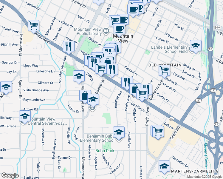 map of restaurants, bars, coffee shops, grocery stores, and more near 690 Victor Way in Mountain View
