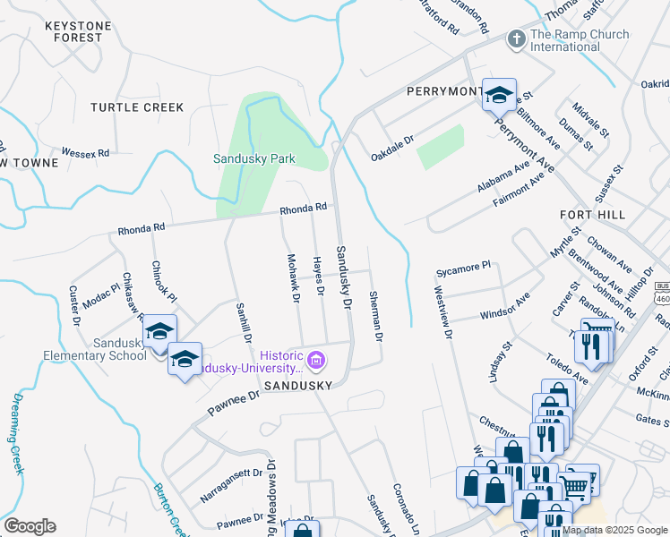 map of restaurants, bars, coffee shops, grocery stores, and more near 629 Sandusky Drive in Lynchburg
