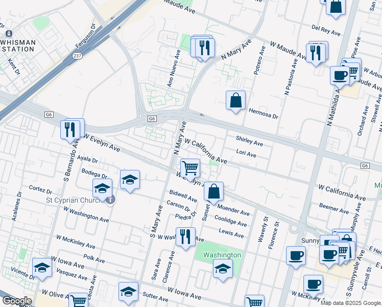 map of restaurants, bars, coffee shops, grocery stores, and more near 984 Belmont Terrace in Sunnyvale
