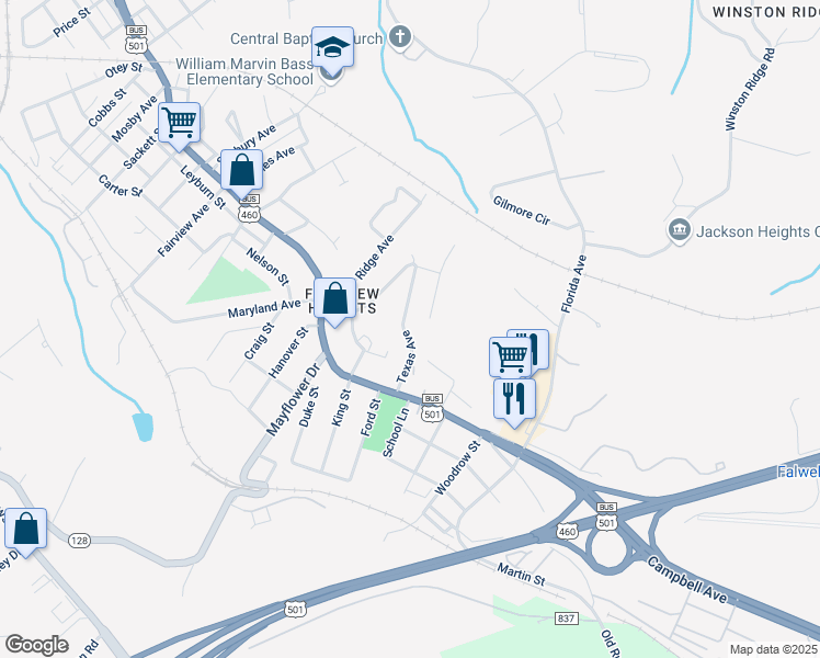map of restaurants, bars, coffee shops, grocery stores, and more near 1732 Texas Avenue in Lynchburg