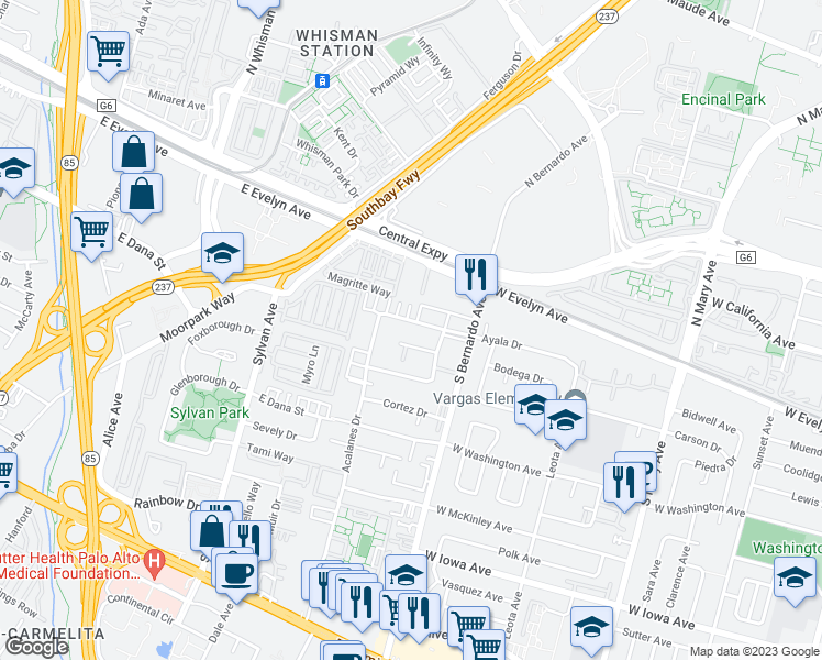 map of restaurants, bars, coffee shops, grocery stores, and more near 1260 Ayala Drive in Sunnyvale