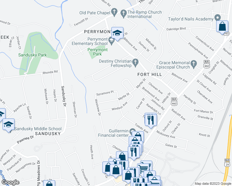 map of restaurants, bars, coffee shops, grocery stores, and more near 4900 Sycamore Place in Lynchburg