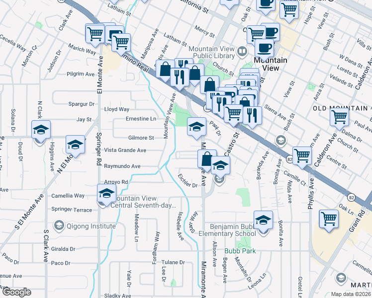 map of restaurants, bars, coffee shops, grocery stores, and more near 936 Rincon Street in Mountain View
