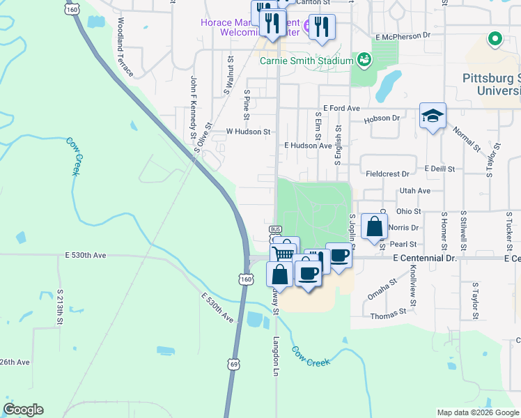 map of restaurants, bars, coffee shops, grocery stores, and more near 100-102 West Mead Street in Pittsburg
