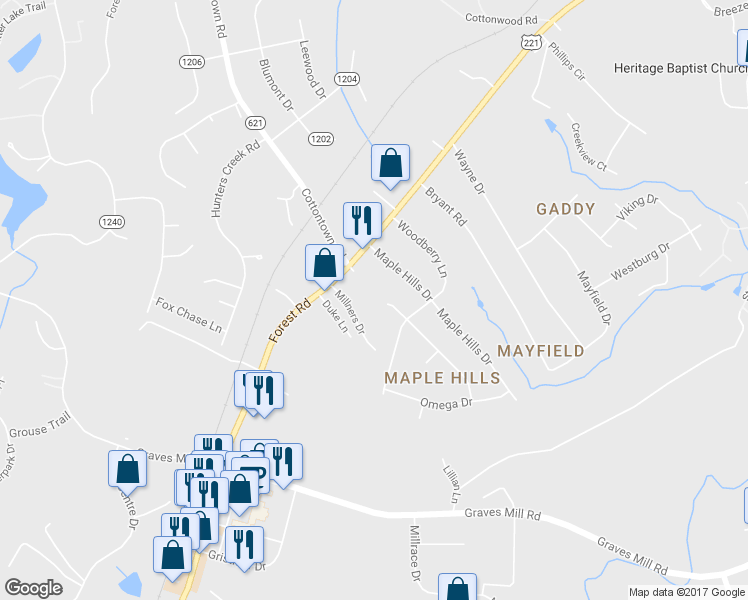 map of restaurants, bars, coffee shops, grocery stores, and more near 108 Majestic Road in Lynchburg