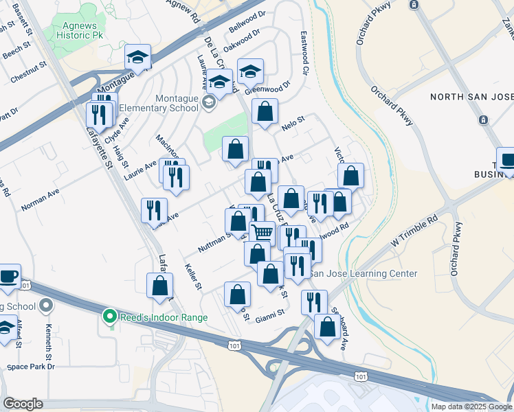 map of restaurants, bars, coffee shops, grocery stores, and more near 3390 De La Cruz Boulevard in Santa Clara