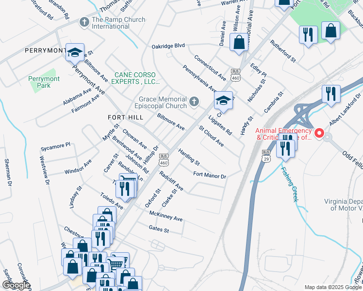 map of restaurants, bars, coffee shops, grocery stores, and more near 4358 Fort Avenue in Lynchburg