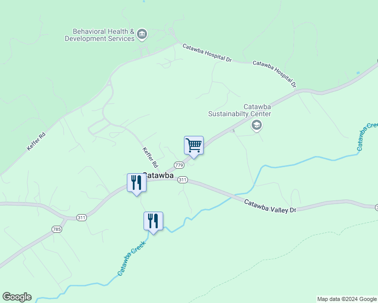 map of restaurants, bars, coffee shops, grocery stores, and more near 4972 Catawba Creek Road in Catawba