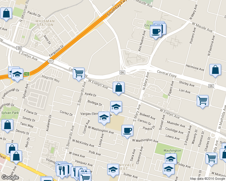 map of restaurants, bars, coffee shops, grocery stores, and more near 1001-1199 W Evelyn Ave in Sunnyvale