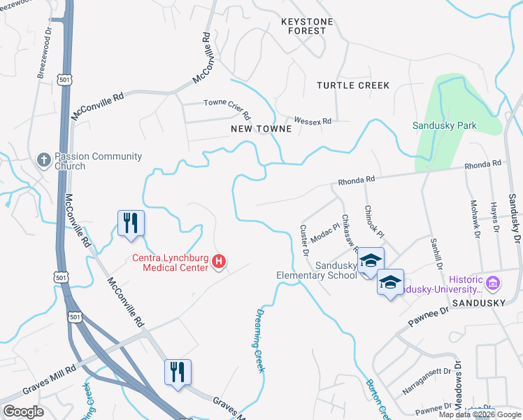 map of restaurants, bars, coffee shops, grocery stores, and more near 6044-6048 Rhonda Road in Lynchburg