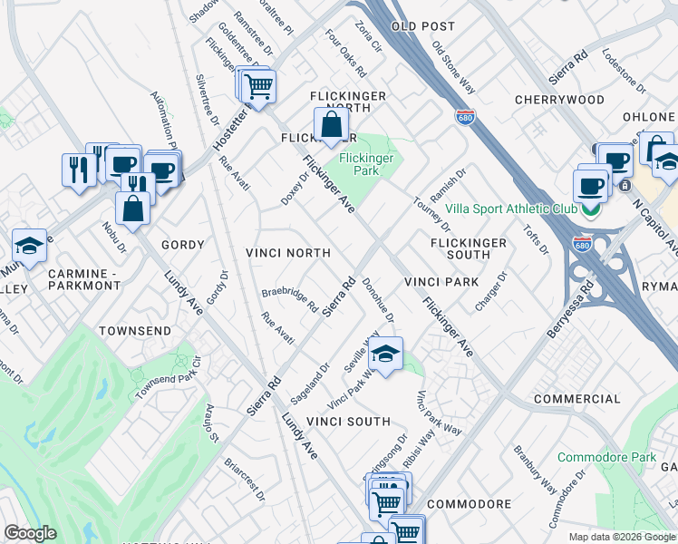 map of restaurants, bars, coffee shops, grocery stores, and more near 1375 Donohue Drive in San Jose