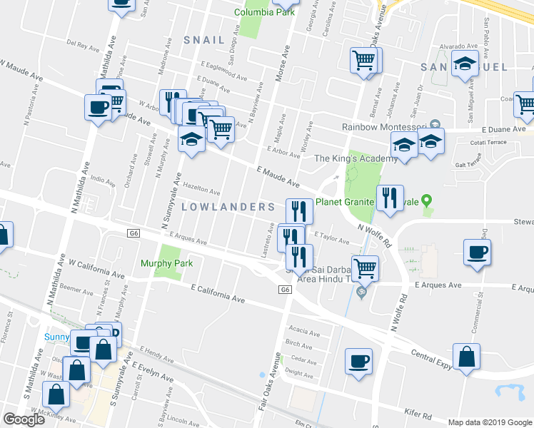 map of restaurants, bars, coffee shops, grocery stores, and more near 418 Roosevelt Avenue in Sunnyvale