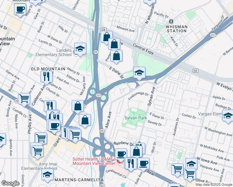 map of restaurants, bars, coffee shops, grocery stores, and more near 200 East Dana Street in Mountain View