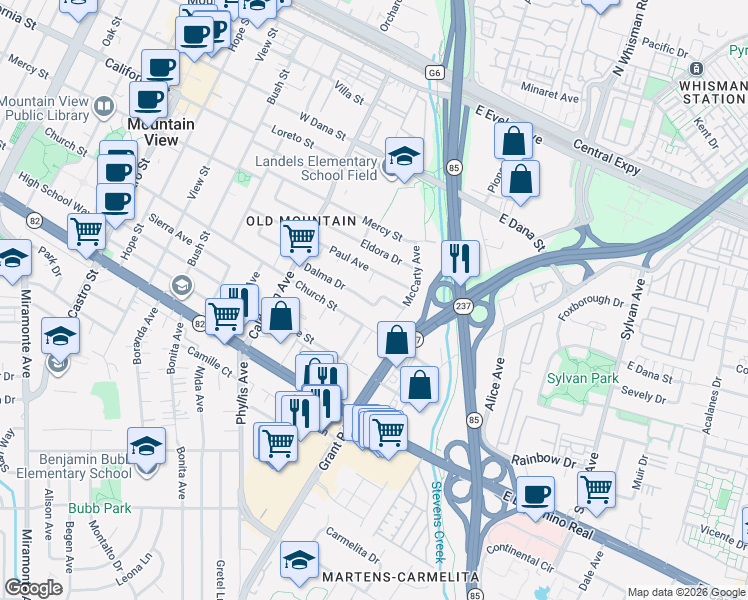 map of restaurants, bars, coffee shops, grocery stores, and more near 74 Dalma Drive in Mountain View