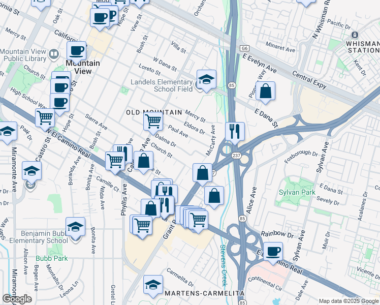map of restaurants, bars, coffee shops, grocery stores, and more near 74 Dalma Drive in Mountain View
