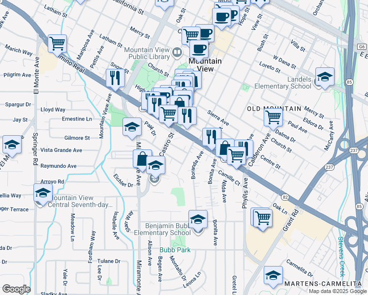map of restaurants, bars, coffee shops, grocery stores, and more near 690 Victor Way in Mountain View