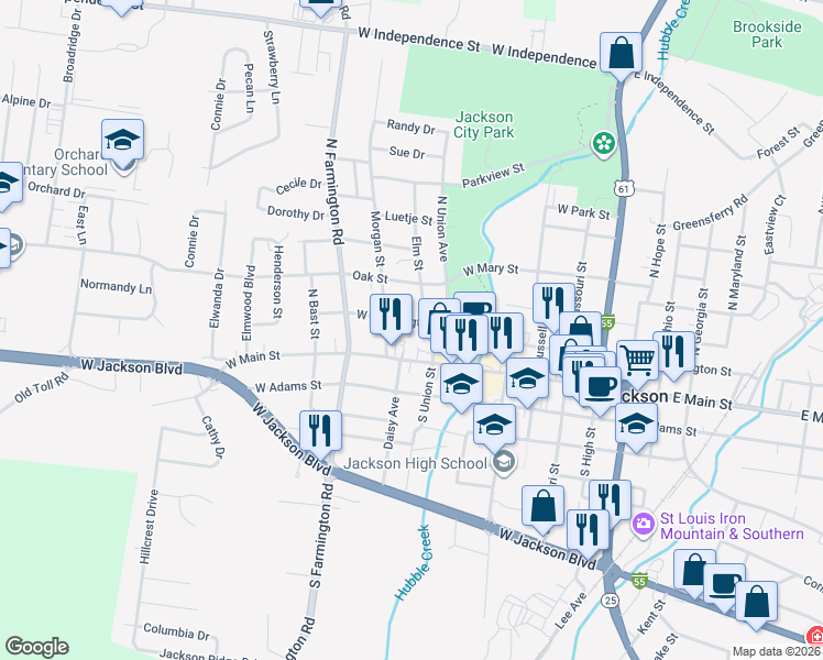 map of restaurants, bars, coffee shops, grocery stores, and more near 615 West Washington Street in Jackson