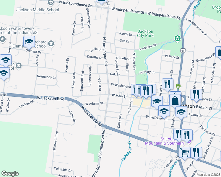 map of restaurants, bars, coffee shops, grocery stores, and more near 116 North Farmington Road in Jackson
