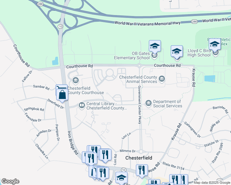 map of restaurants, bars, coffee shops, grocery stores, and more near 6800 Lucy Corr Boulevard in Chesterfield