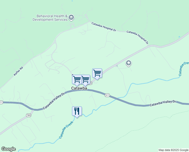map of restaurants, bars, coffee shops, grocery stores, and more near 4972 Catawba Creek Road in Catawba