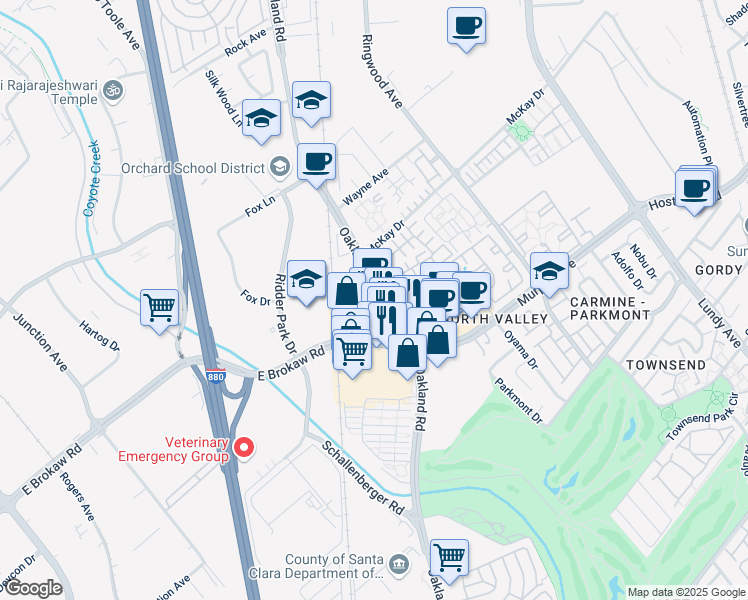 map of restaurants, bars, coffee shops, grocery stores, and more near 1055 East Brokaw Road in San Jose