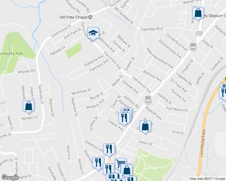 map of restaurants, bars, coffee shops, grocery stores, and more near 4704 Myrtle Street in Lynchburg