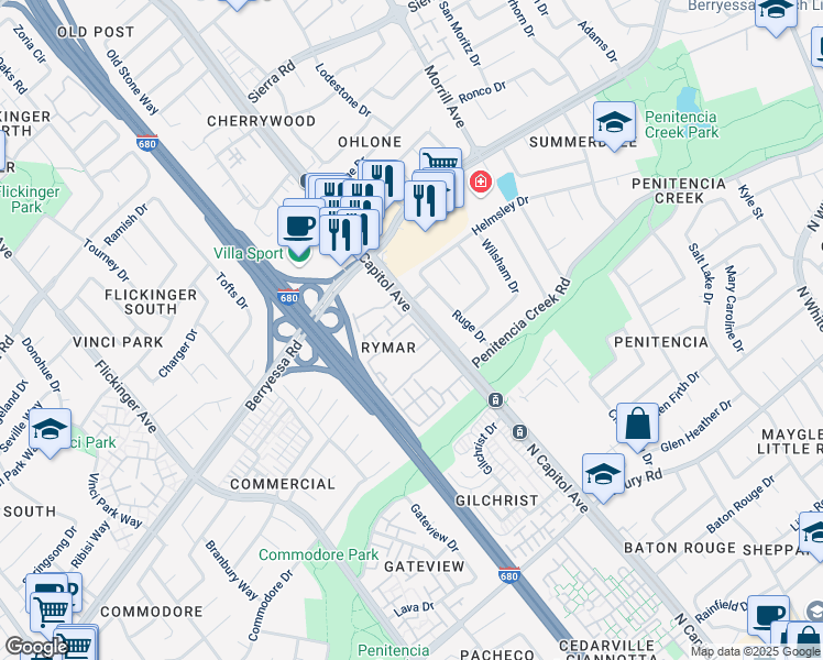 map of restaurants, bars, coffee shops, grocery stores, and more near 2598 Rymar Lane in San Jose
