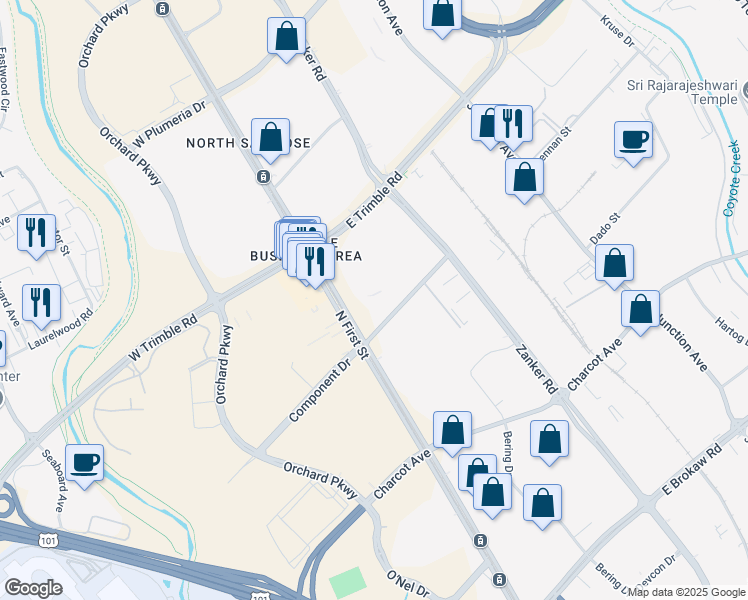 map of restaurants, bars, coffee shops, grocery stores, and more near 2540 North 1st Street in San Jose