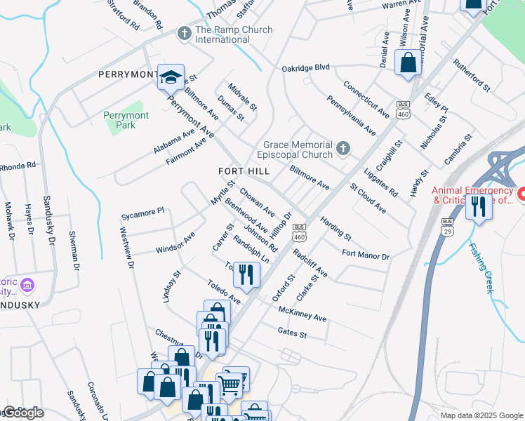 map of restaurants, bars, coffee shops, grocery stores, and more near 1015 Chowan Avenue in Lynchburg