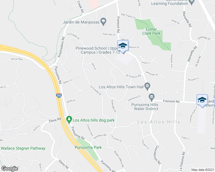 map of restaurants, bars, coffee shops, grocery stores, and more near 26475 Anacapa Drive in Los Altos Hills