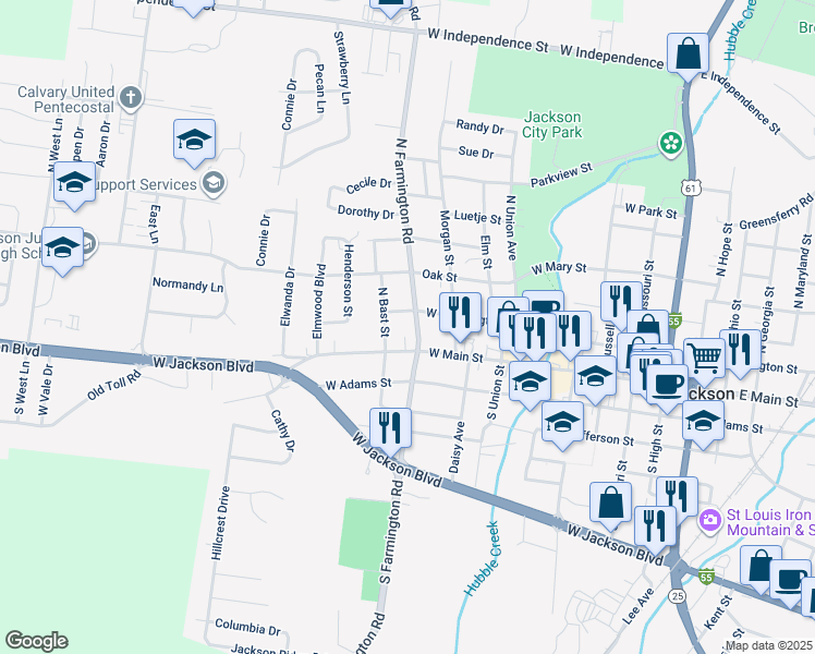 map of restaurants, bars, coffee shops, grocery stores, and more near 109/119 North Farmington Road in Jackson