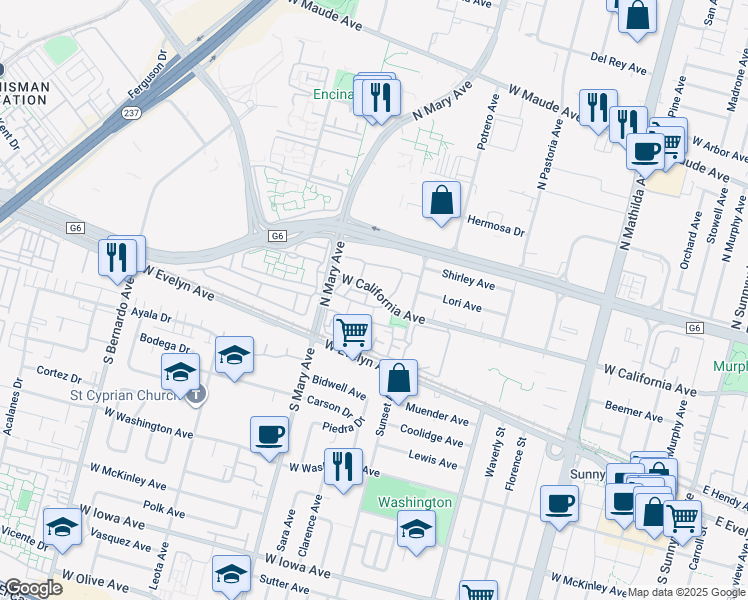 map of restaurants, bars, coffee shops, grocery stores, and more near 971 Belmont Terrace in Sunnyvale