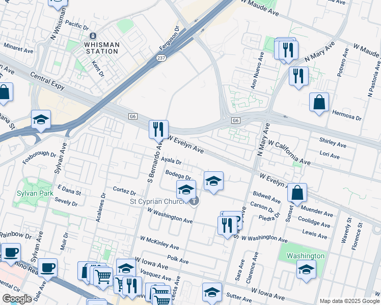 map of restaurants, bars, coffee shops, grocery stores, and more near 1140 West Evelyn Avenue in Sunnyvale