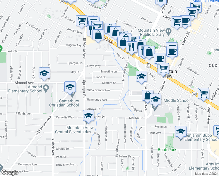 map of restaurants, bars, coffee shops, grocery stores, and more near 789 Vista Grande Avenue in Los Altos