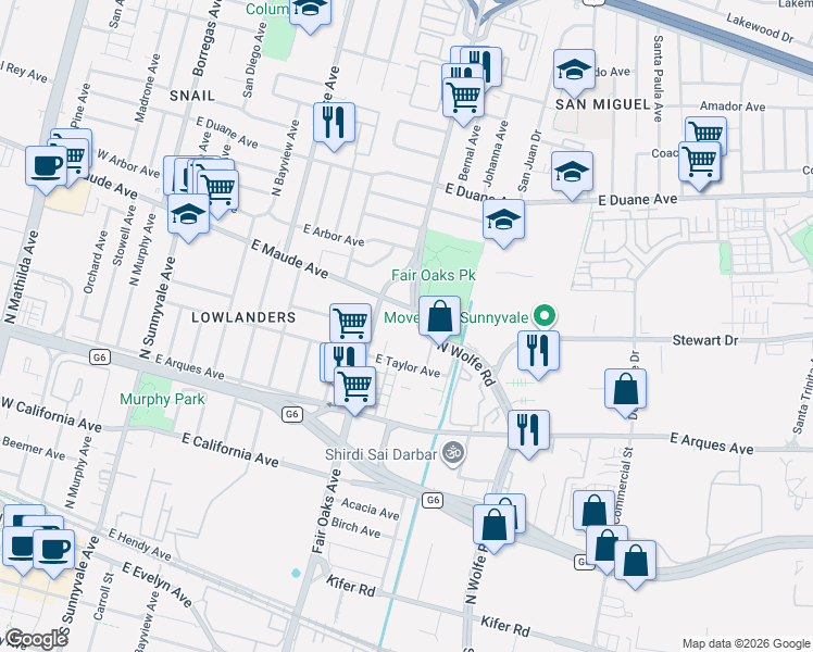 map of restaurants, bars, coffee shops, grocery stores, and more near 495 North Wolfe Road in Sunnyvale