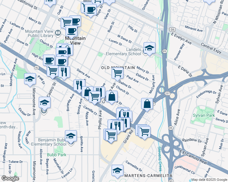 map of restaurants, bars, coffee shops, grocery stores, and more near 725 Calderon Avenue in Mountain View