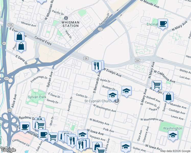 map of restaurants, bars, coffee shops, grocery stores, and more near 1209 Ayala Drive in Sunnyvale