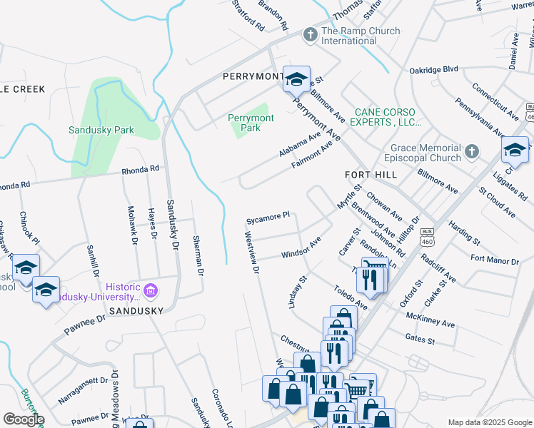 map of restaurants, bars, coffee shops, grocery stores, and more near 4917 Sycamore Place in Lynchburg
