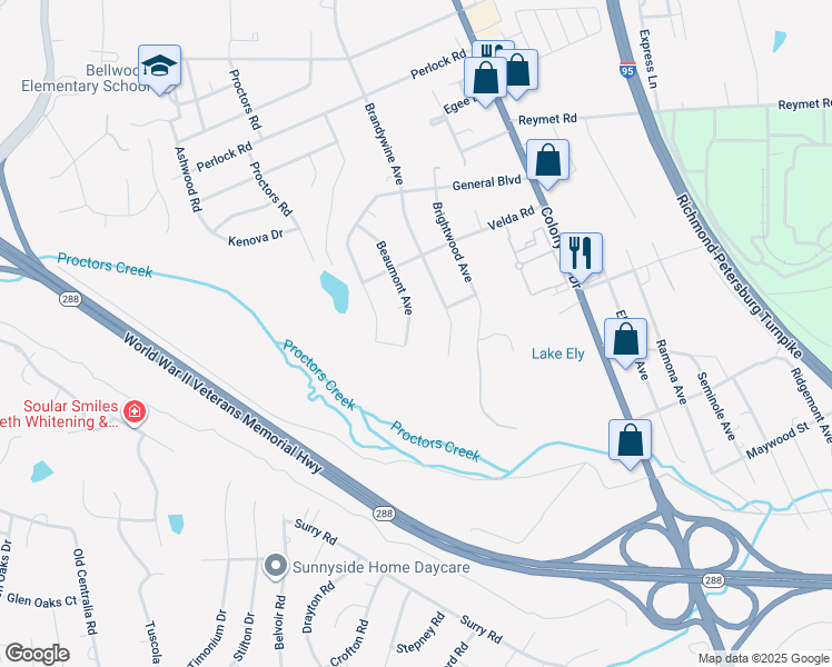 map of restaurants, bars, coffee shops, grocery stores, and more near 10151 Beaumont Avenue in Richmond