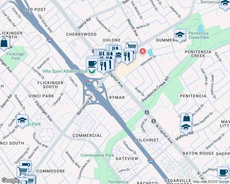 map of restaurants, bars, coffee shops, grocery stores, and more near 2586 Rymar Drive in San Jose