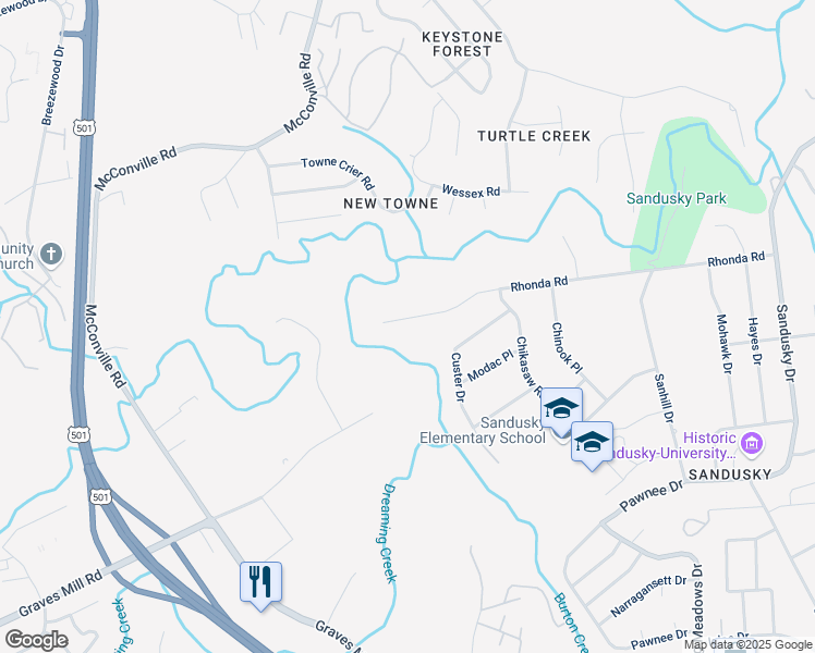map of restaurants, bars, coffee shops, grocery stores, and more near 6040 Rhonda Road in Lynchburg