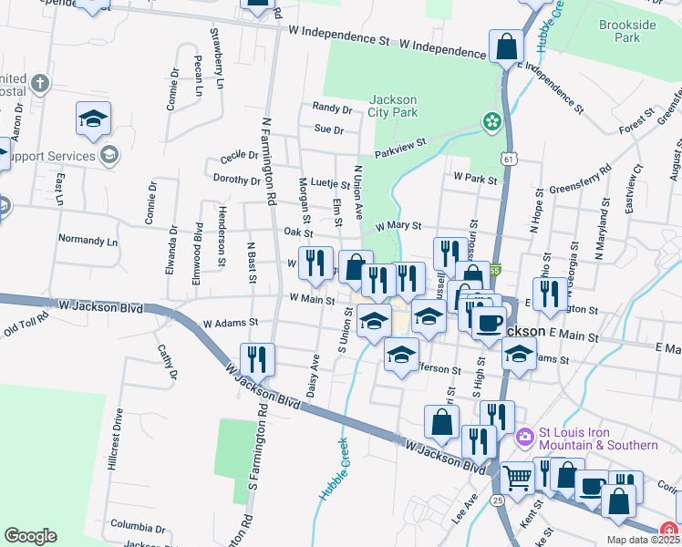 map of restaurants, bars, coffee shops, grocery stores, and more near 615 West Washington Street in Jackson