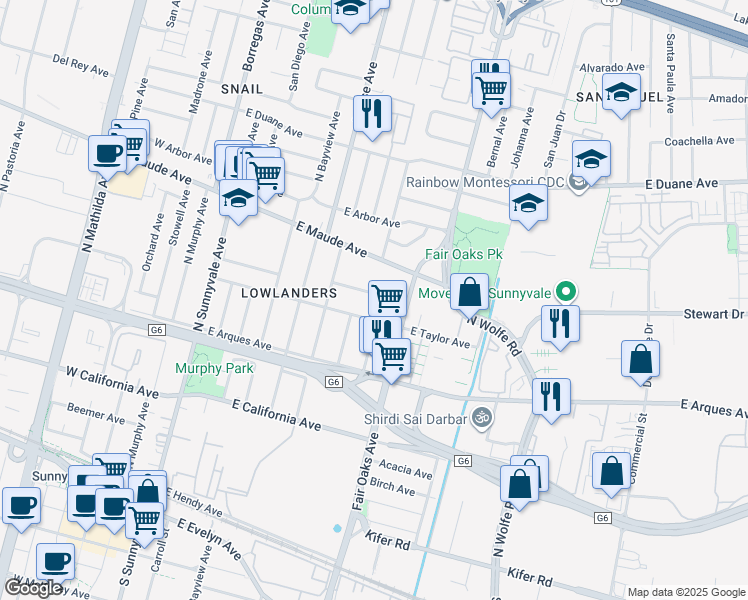 map of restaurants, bars, coffee shops, grocery stores, and more near 554 Columbia Avenue in Sunnyvale
