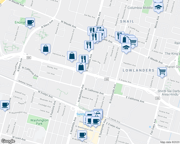 map of restaurants, bars, coffee shops, grocery stores, and more near 346 Dunsmuir Terrace in Sunnyvale